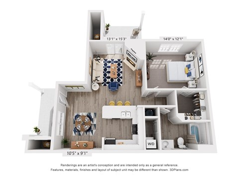 A 3D floor plan of a small apartment with a kitchen, living room, and bathroom.